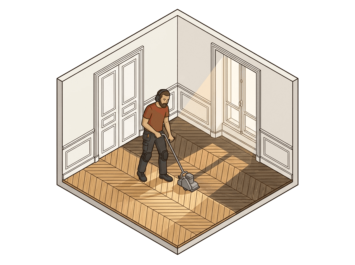 Parquet en point de Hongrie à moitié restauré, l'artisan ponce en diagonale du motif