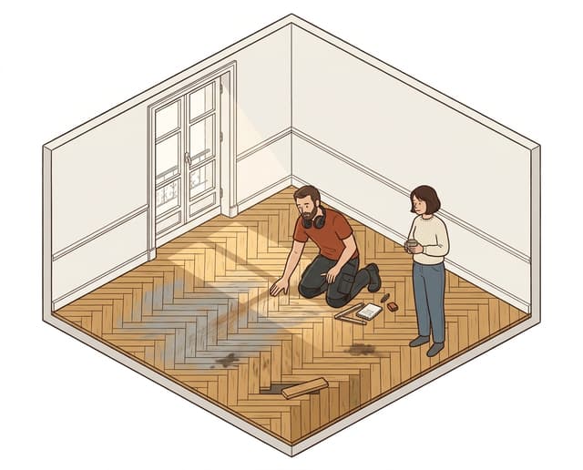 L'artisan examine un vieux parquet terni, une cliente l'écoute
