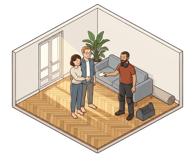 Un couple pieds nus sur le parquet rénové reçoit une carte d'entretien de l'artisan